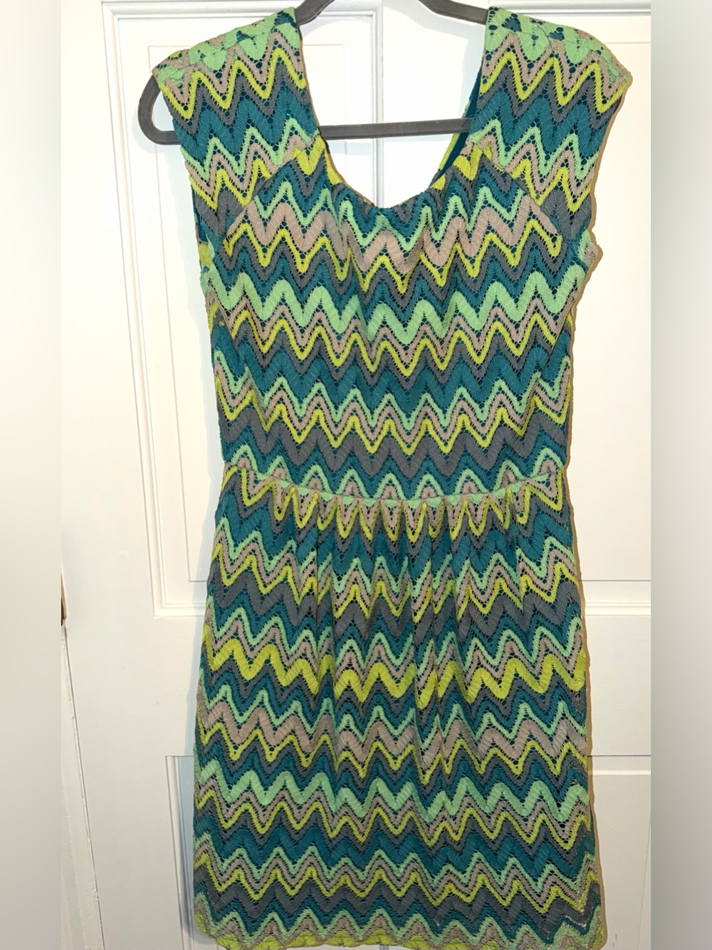 Ronni Nicole Sleeveless Chevron Knit Midi Dress in Teal, Lime & Mint